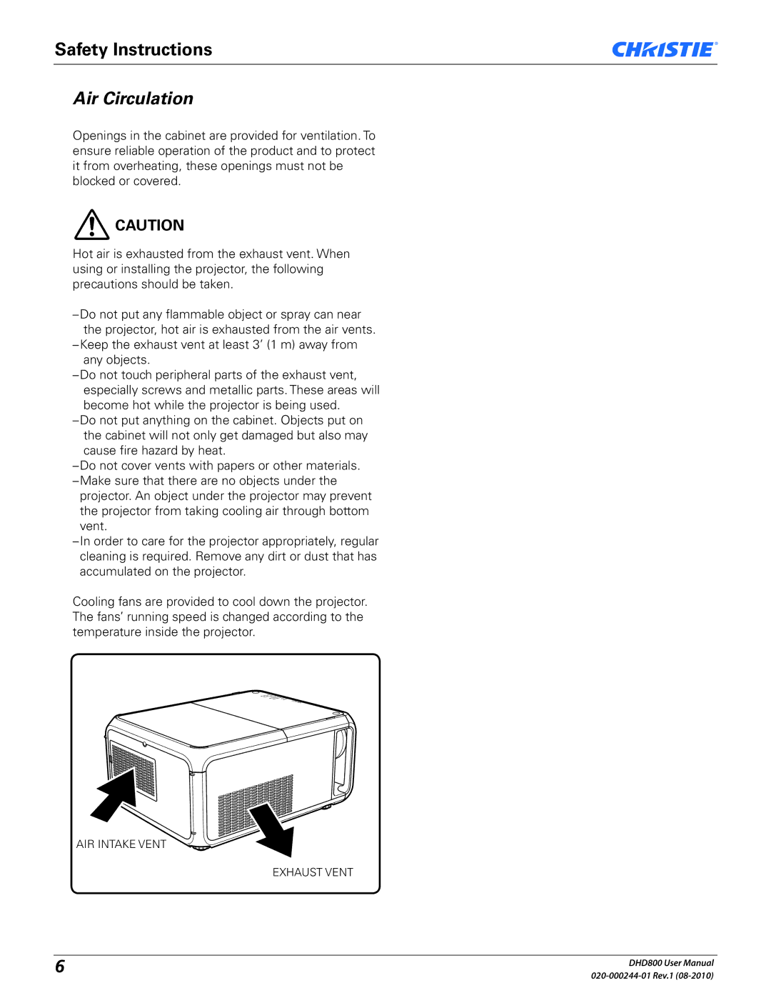 Christie Digital Systems DHD800 user manual Air Circulation 