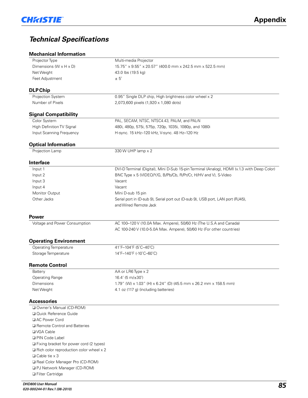 Christie Digital Systems DHD800 user manual Technical Specifications 