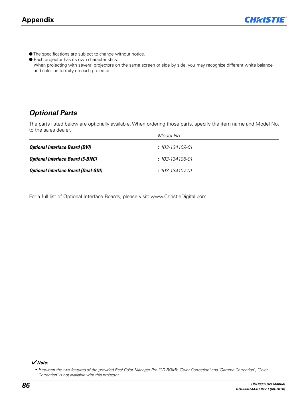 Christie Digital Systems DHD800 user manual Optional Parts 