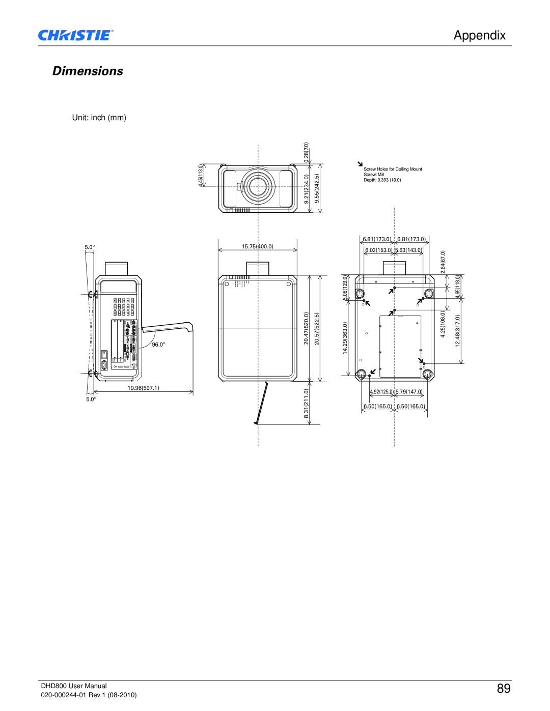 Christie Digital Systems DHD800 user manual Dimensions, Unit inch mm 