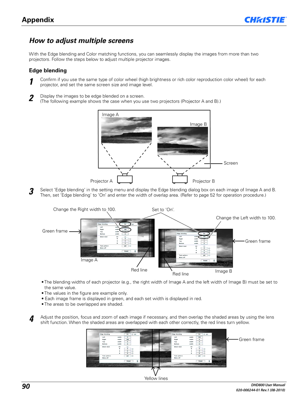 Christie Digital Systems DHD800 user manual How to adjust multiple screens, Edge blending 