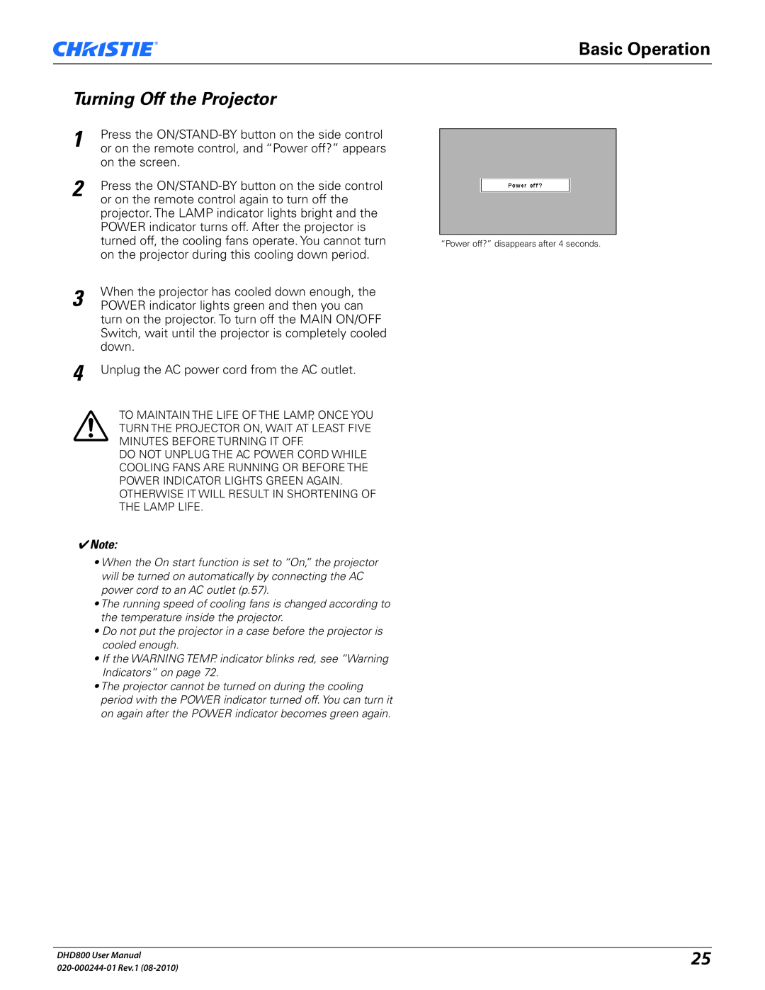 Christie Digital Systems DHD800 user manual Basic Operation, Turning Off the Projector 