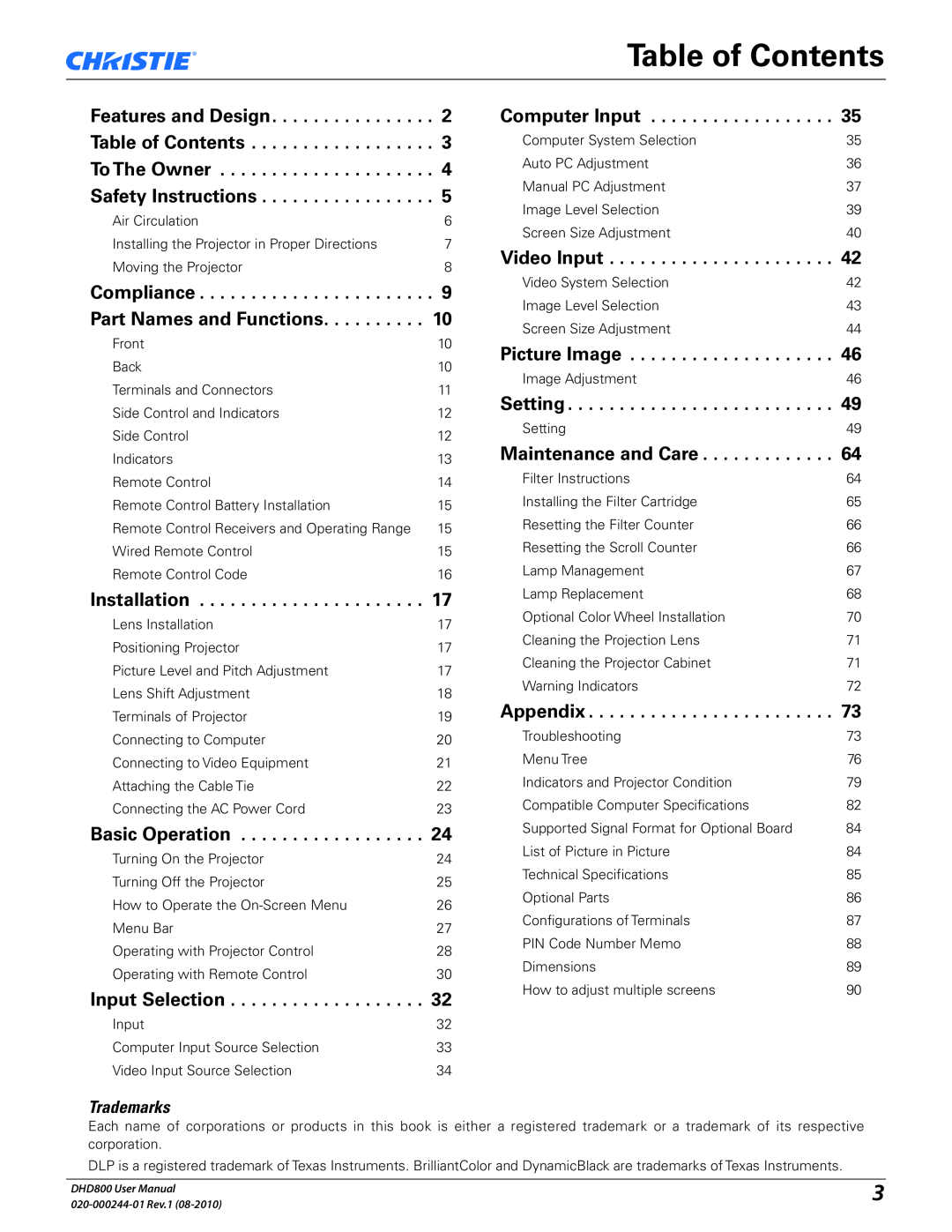 Christie Digital Systems DHD800 user manual Table of Contents 