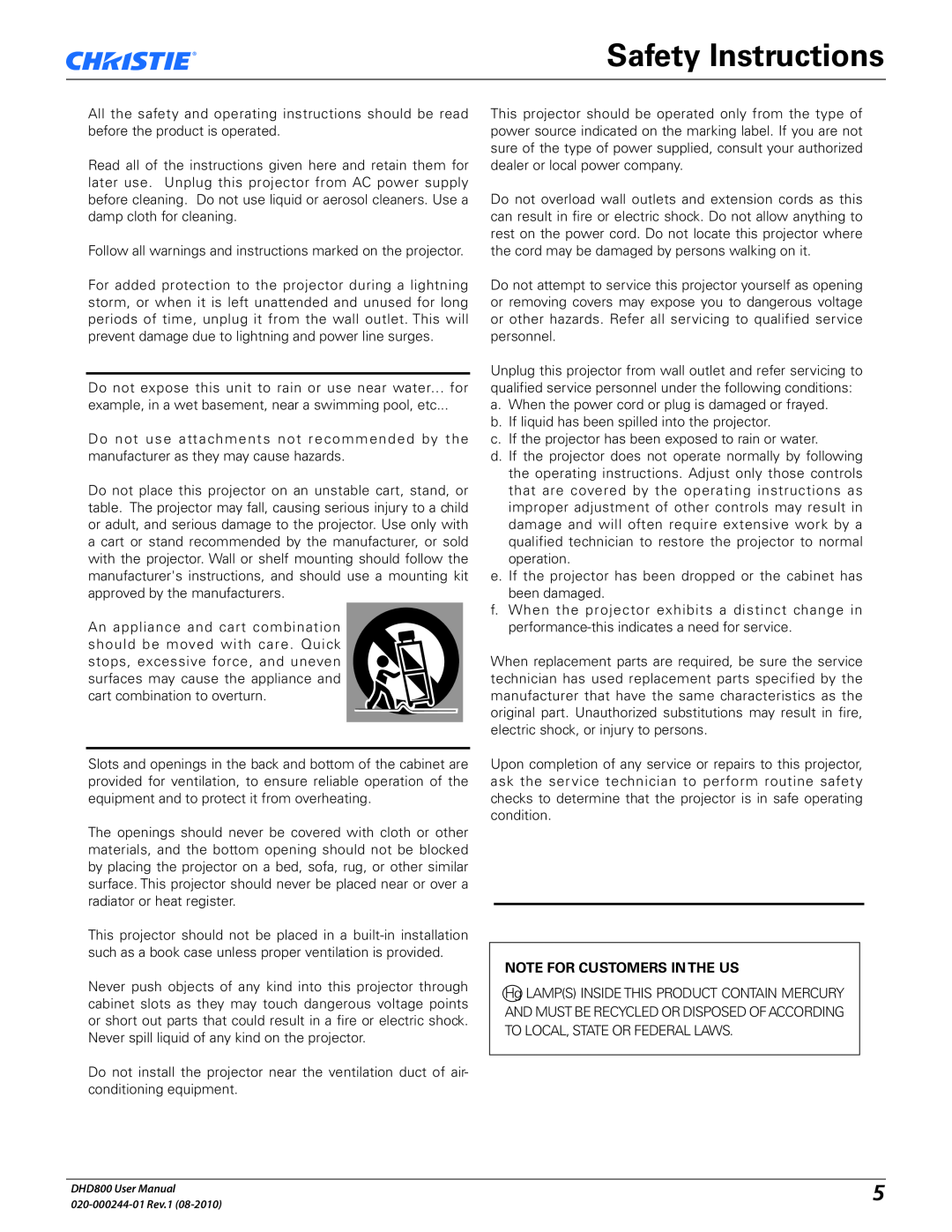 Christie Digital Systems DHD800 user manual Safety Instructions, Note For Customers In The Us 