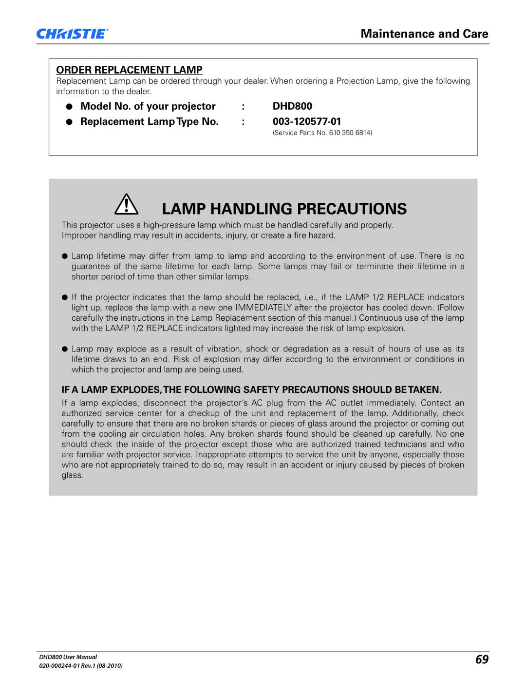 Christie Digital Systems DHD800 Lamp Handling Precautions, Maintenance and Care, Order Replacement Lamp, 003-120577-01 