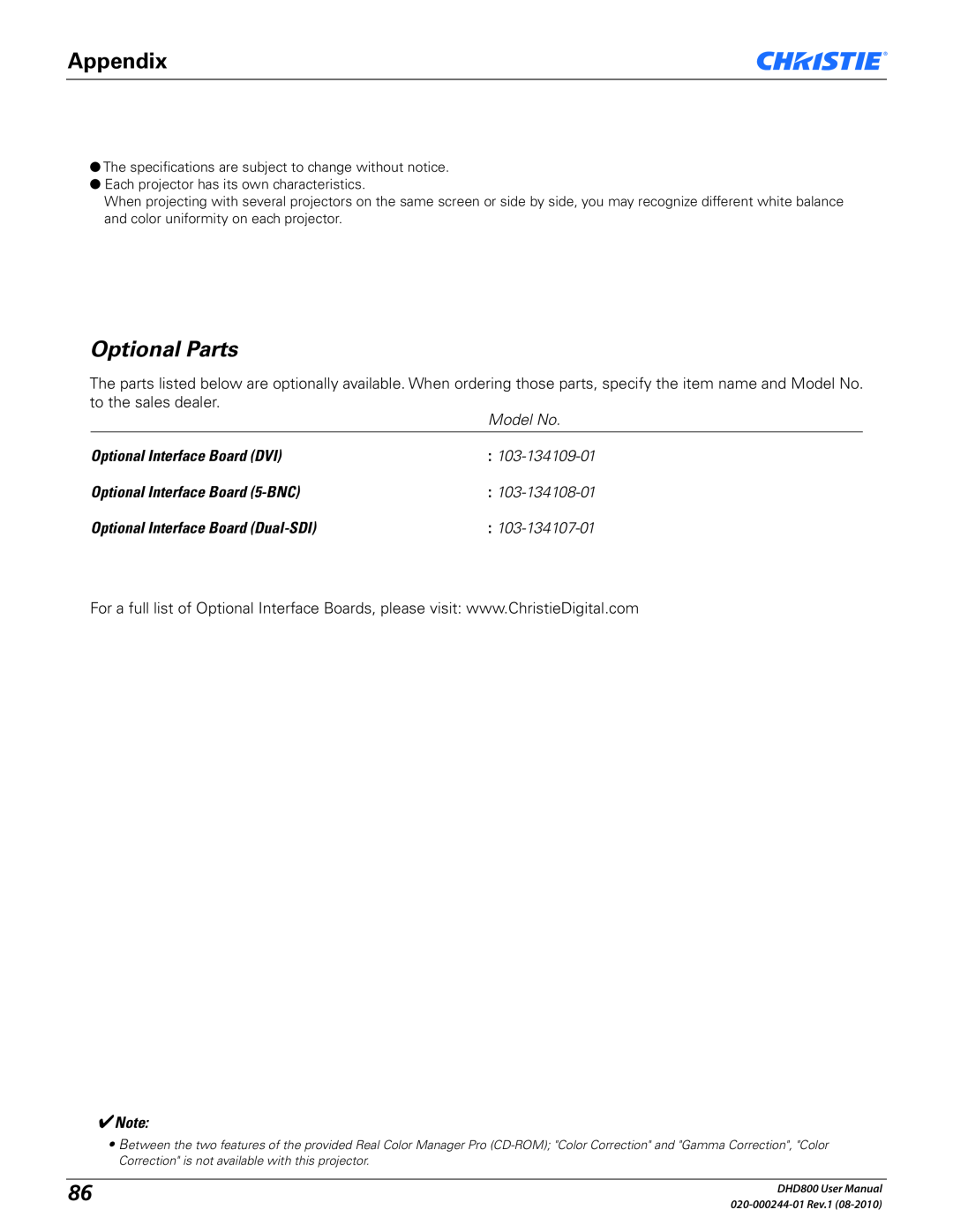 Christie Digital Systems DHD800 user manual Optional Parts, Appendix 