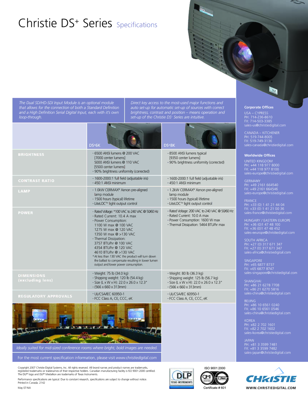 Christie Digital Systems manual Christie DS+ Series Specifications, DS+6K DS+8K 