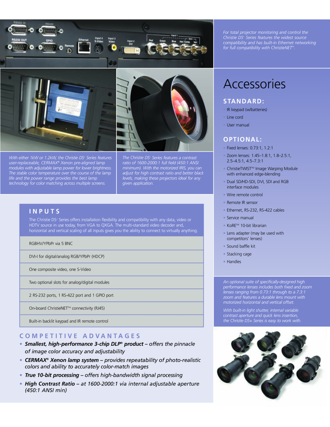 Christie Digital Systems DS+ Series manual Accessories, C O M P E T I T I V E A D V A N T A G E S, I N P U T S, Standard 