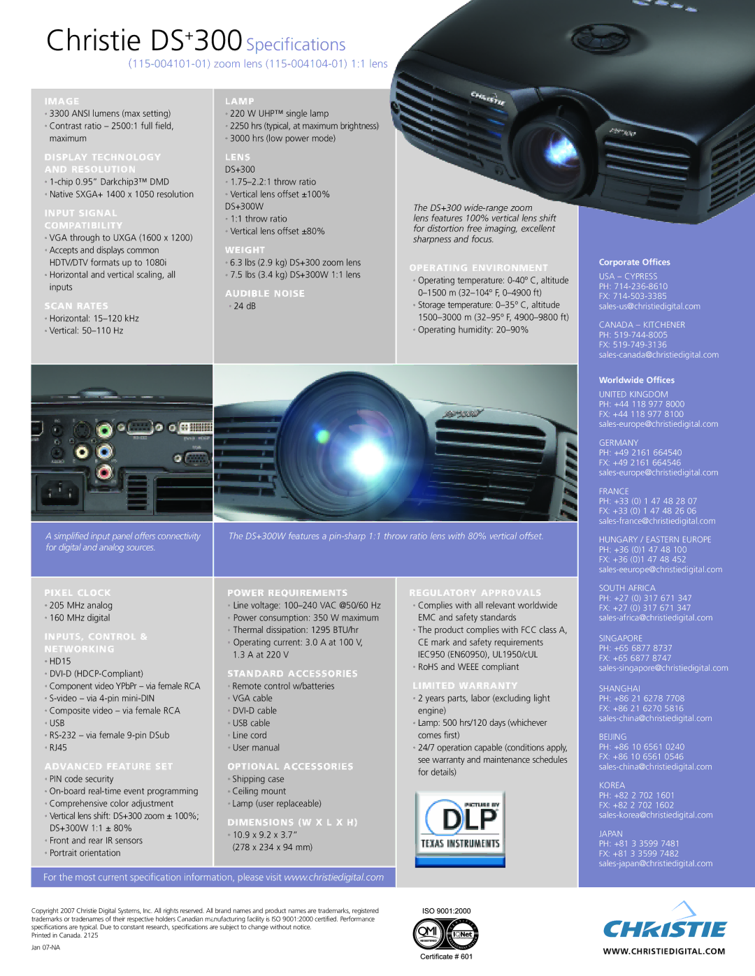 Christie Digital Systems DS+300 manual Image Lamp, Display Technology Lens Resolution, Input Signal, Compatibility, Weight 