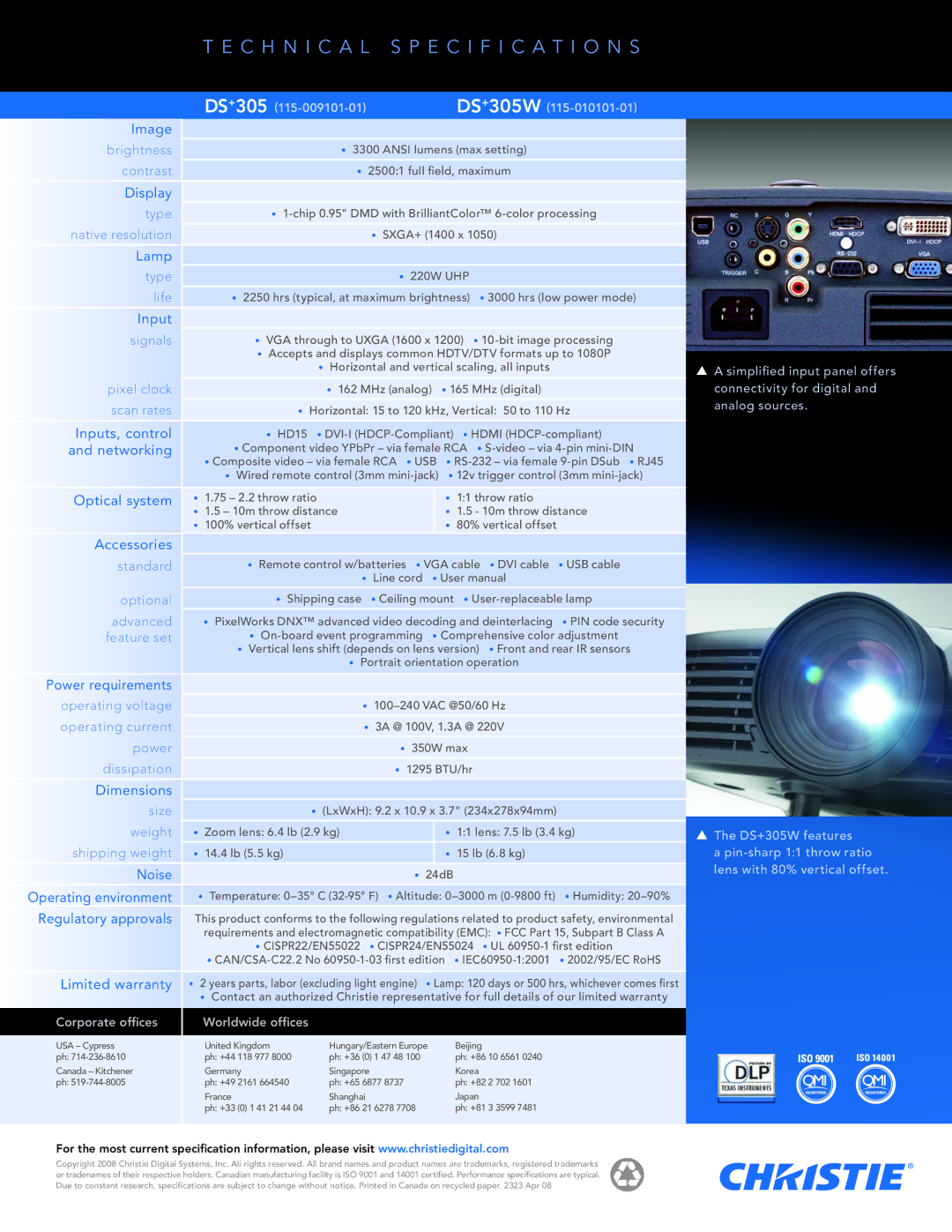 Christie Digital Systems DS+305W C H N I C a L Specification S, Corporate offices, Worldwide offices, DS + 305W 