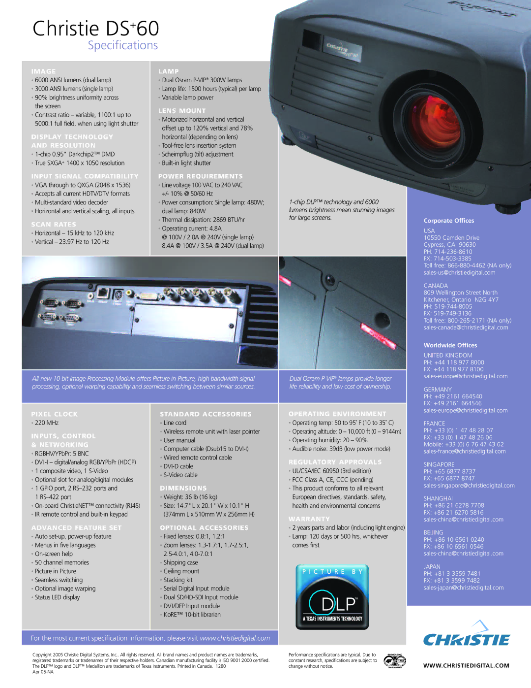 Christie Digital Systems DS+60 Image, Display Technology and Resolution, Input Signal Compatibility, Scan Rates, Lamp 