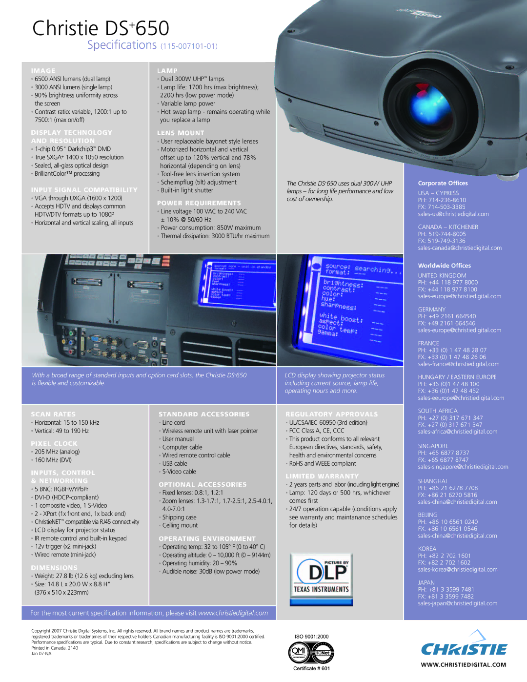 Christie Digital Systems DS+650 Image, Display Technology and Resolution, Input Signal Compatibility, Lamp, Lens Mount 