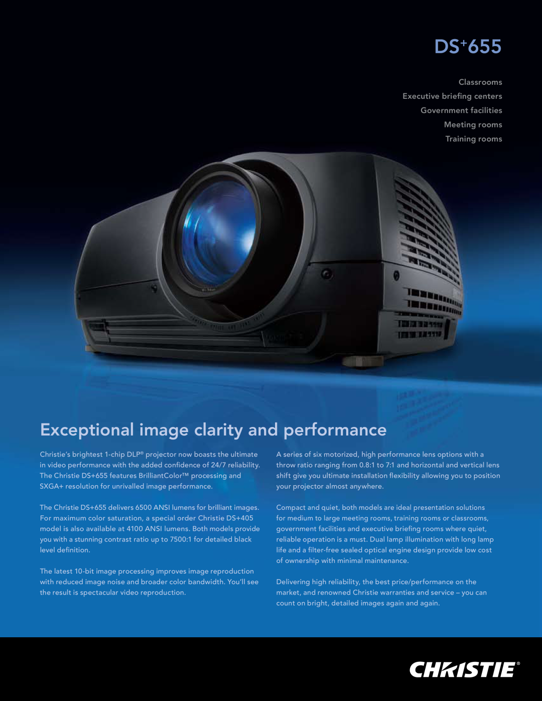 Christie Digital Systems DS+655 manual Exceptional image clarity and performance, Meeting rooms Training rooms 