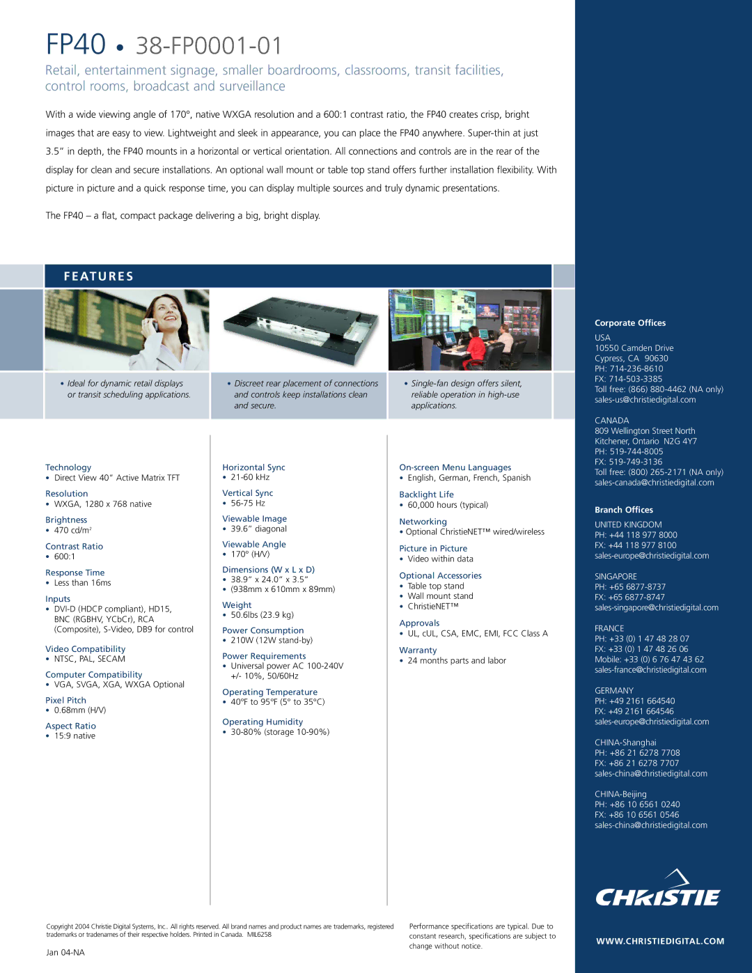 Christie Digital Systems FP40 manual At U R E S, Corporate Offices, Branch Offices 