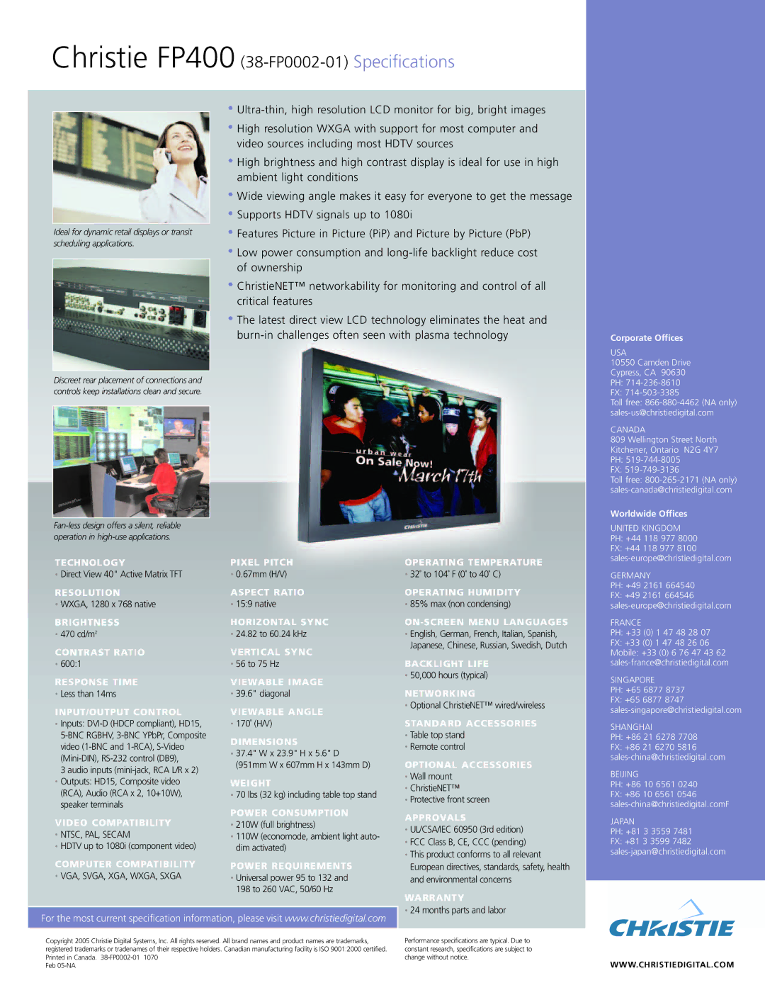 Christie Digital Systems FP400 Technology, Resolution, Brightness, Contrast Ratio, Response Time, INPUT/OUTPUT Control 