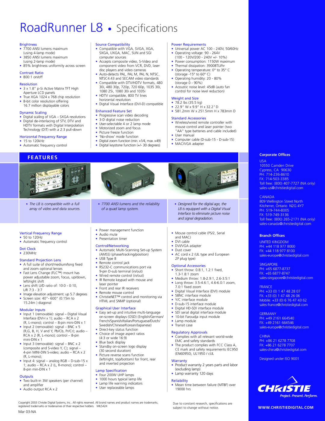 Christie Digital Systems L8 manual Usa, Canada, Singapore, France, Germany, China 