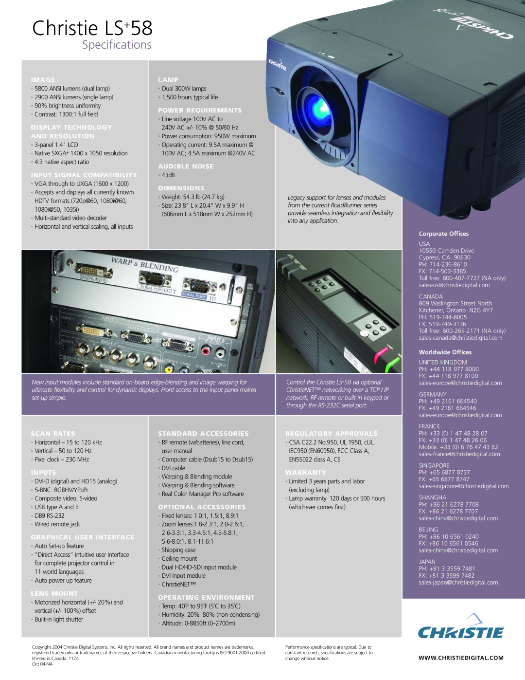 Christie Digital Systems LS+58 Image, Display Technology and Resolution, Input Signal Compatibility, Lamp, Audible Noise 