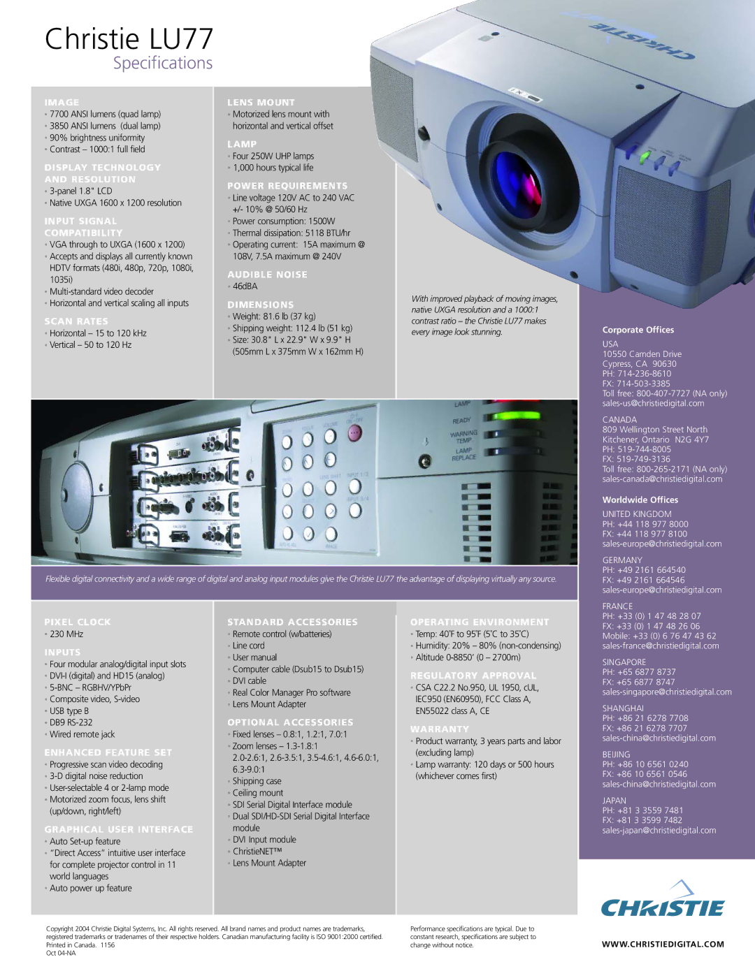 Christie Digital Systems LU77 Image, Display Technology and Resolution, Input Signal Compatibility, Scan Rates, Lens Mount 