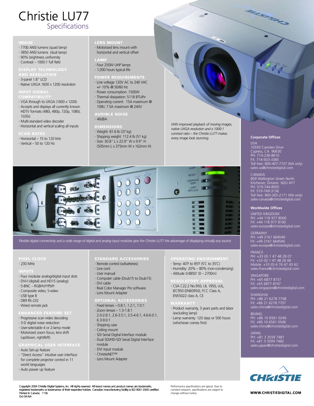 Christie Digital Systems manual Christie LU77, Specifications 