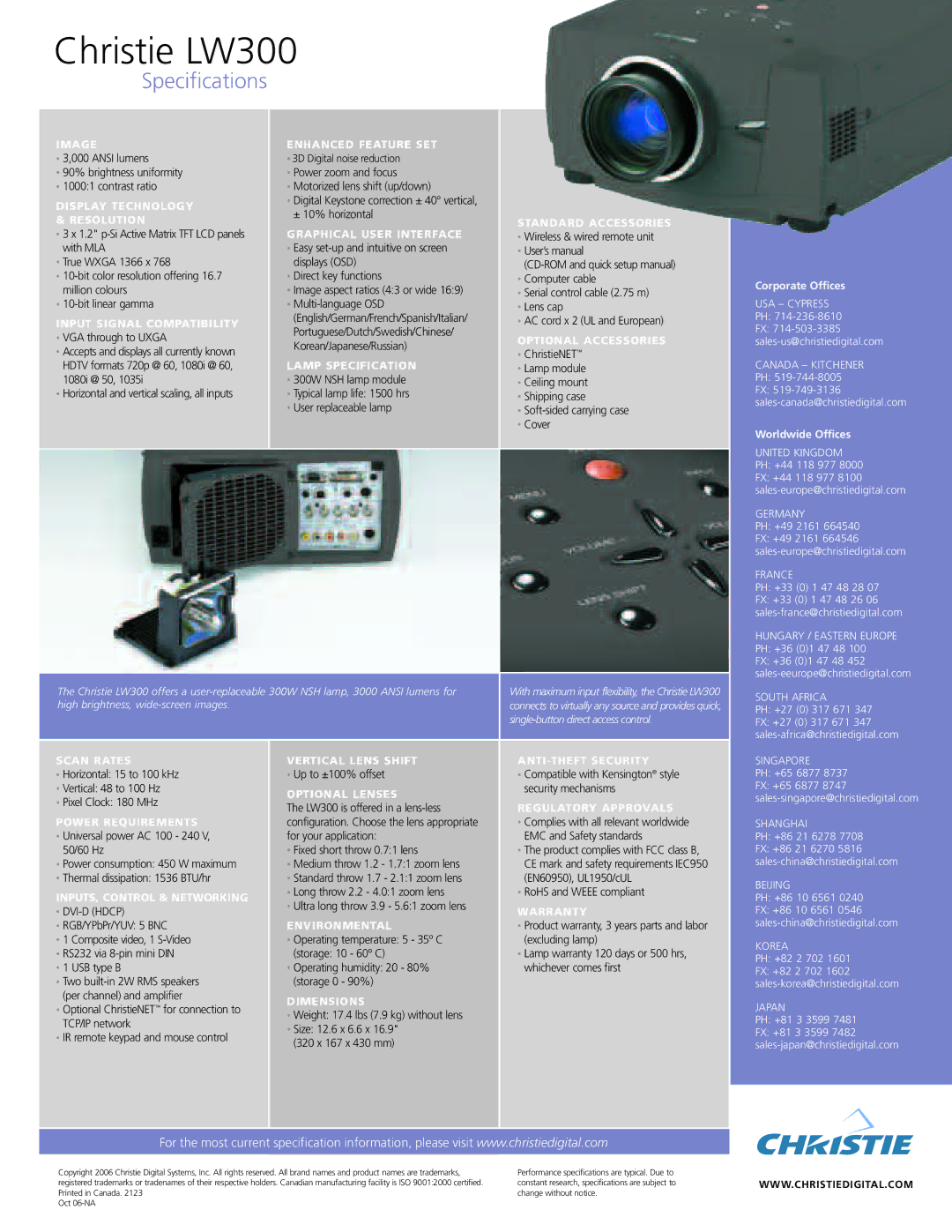 Christie Digital Systems LW300 manual Corporate Offices, Worldwide Offices 