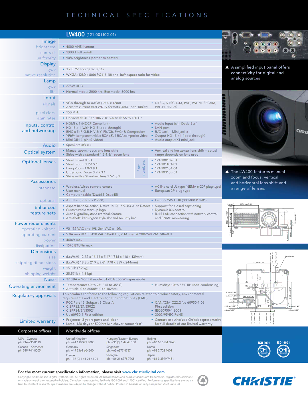 Christie Digital Systems LW400 manual Image, Display, Lamp, Input, Enhanced feature sets Power requirements, Dimensions 