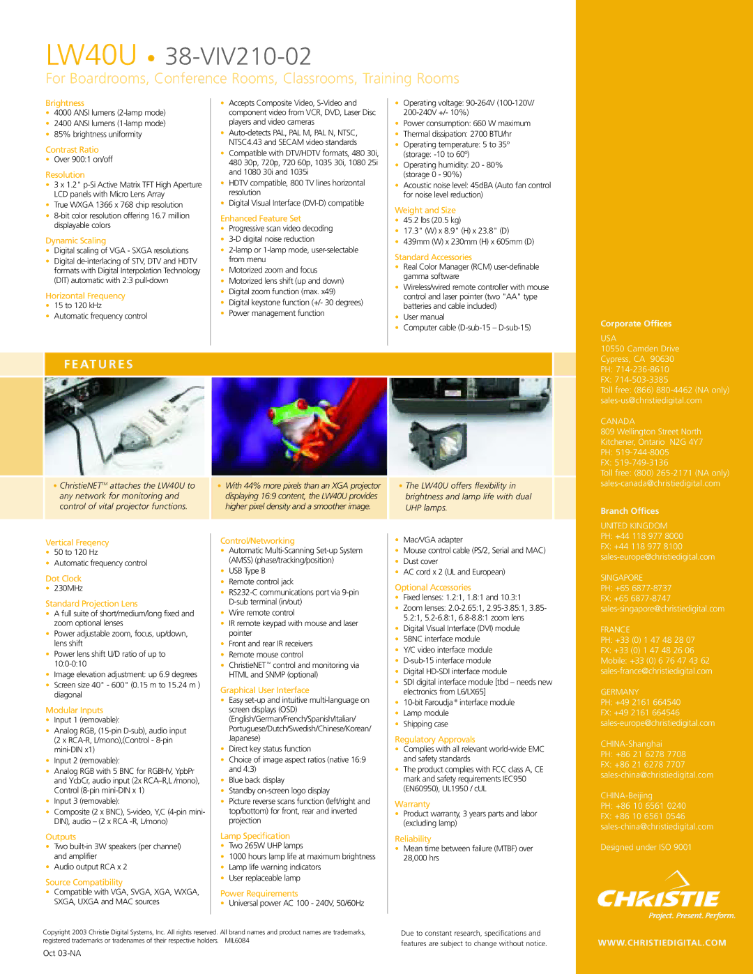 Christie Digital Systems LW40U manual Usa, Canada, Singapore, France, Germany 