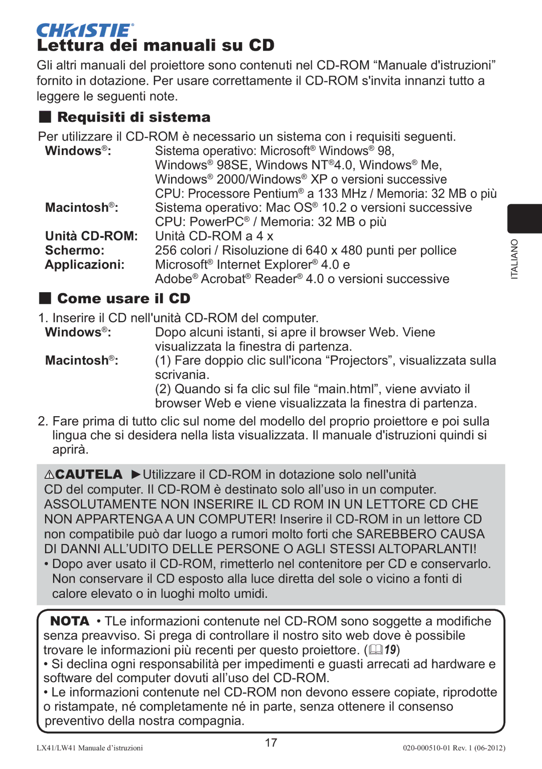 Christie Digital Systems LW41 setup guide Lettura dei manuali su CD, Unità CD-ROM, Schermo, Applicazioni 