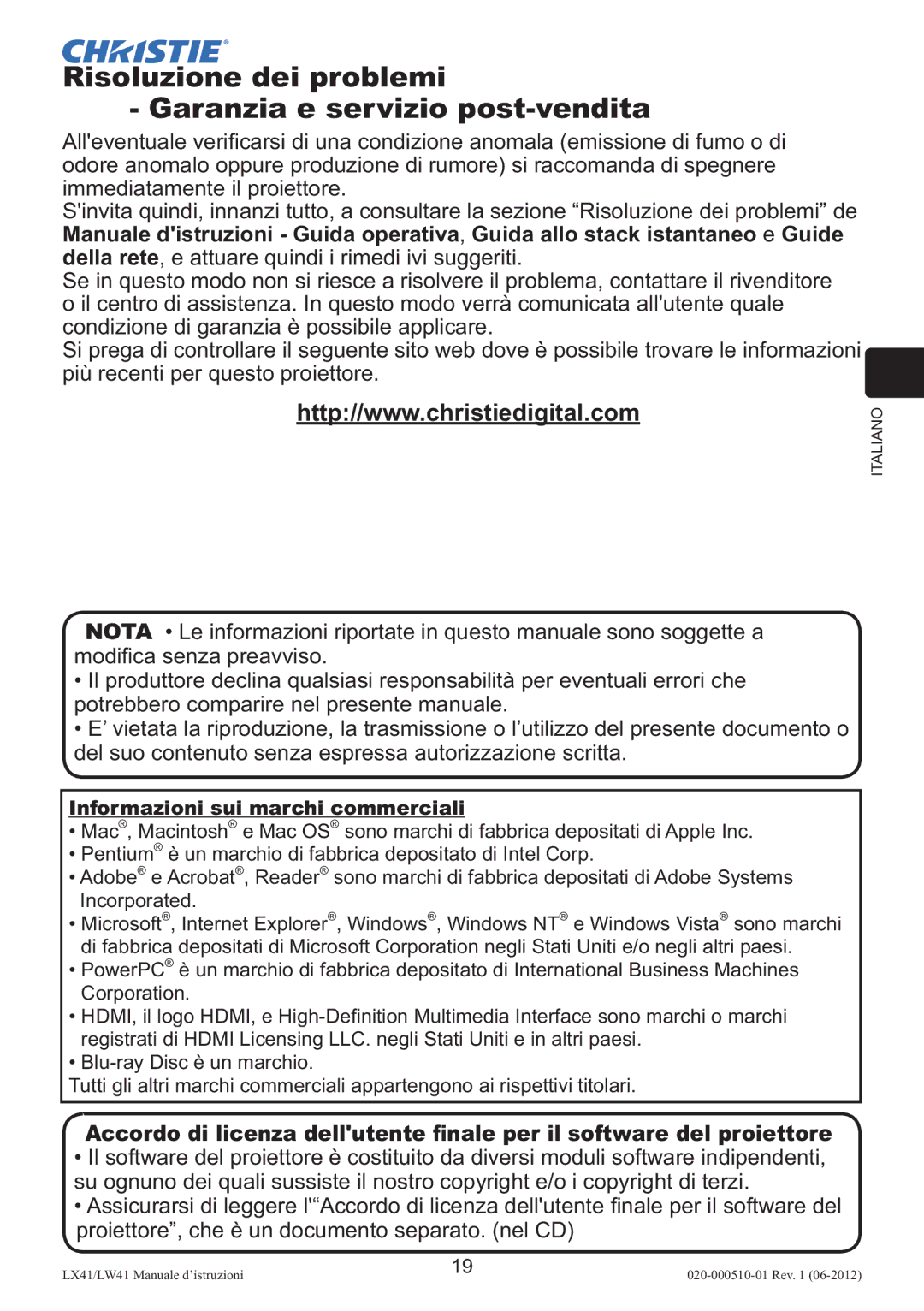 Christie Digital Systems LW41 setup guide Risoluzione dei problemi Garanzia e servizio post-vendita 