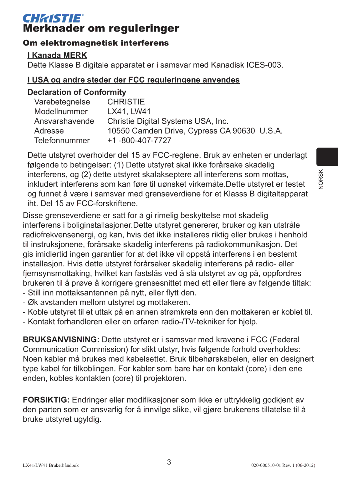 Christie Digital Systems LW41 Merknader om reguleringer, Om elektromagnetisk interferens Kanada Merk, Varebetegnelse 