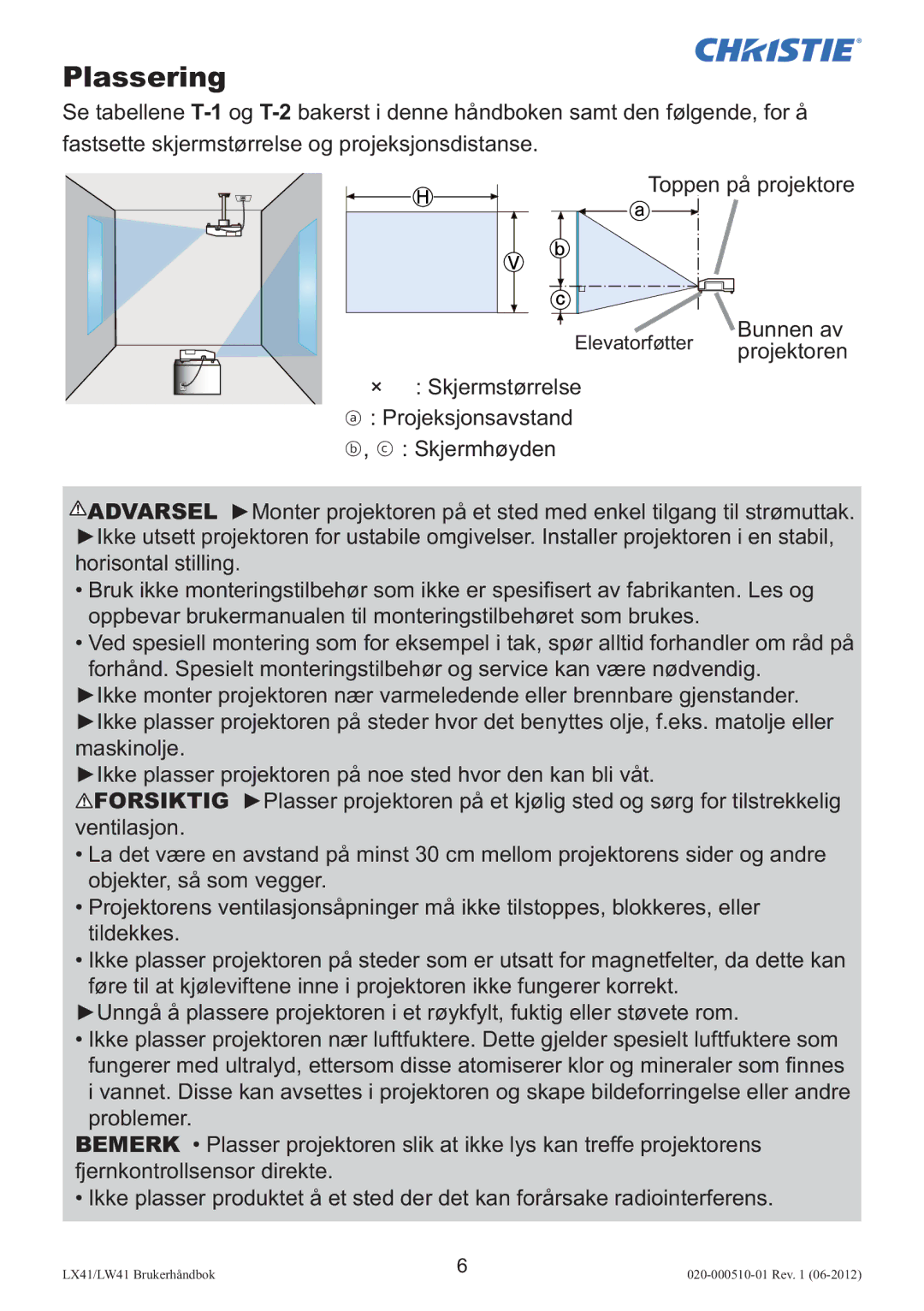 Christie Digital Systems LW41 setup guide Plassering 