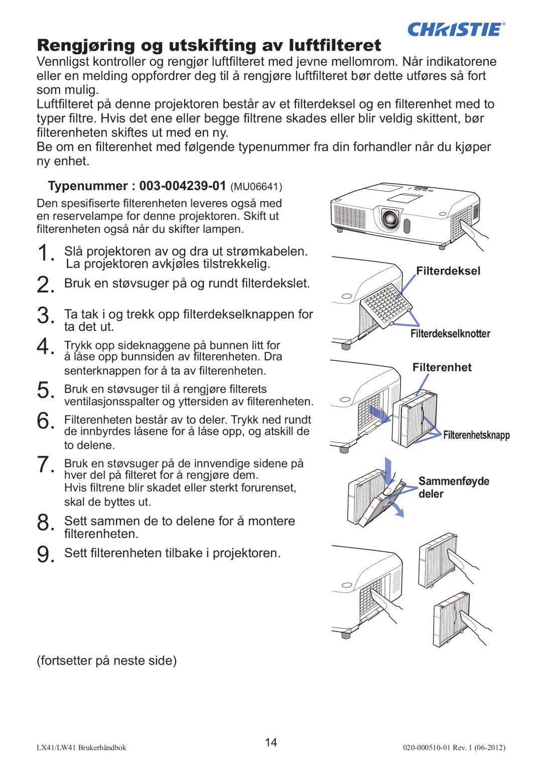 Christie Digital Systems LW41 setup guide Rengjøring og utskifting av luftﬁlteret, Typenummer 003-004239-01 MU06641 