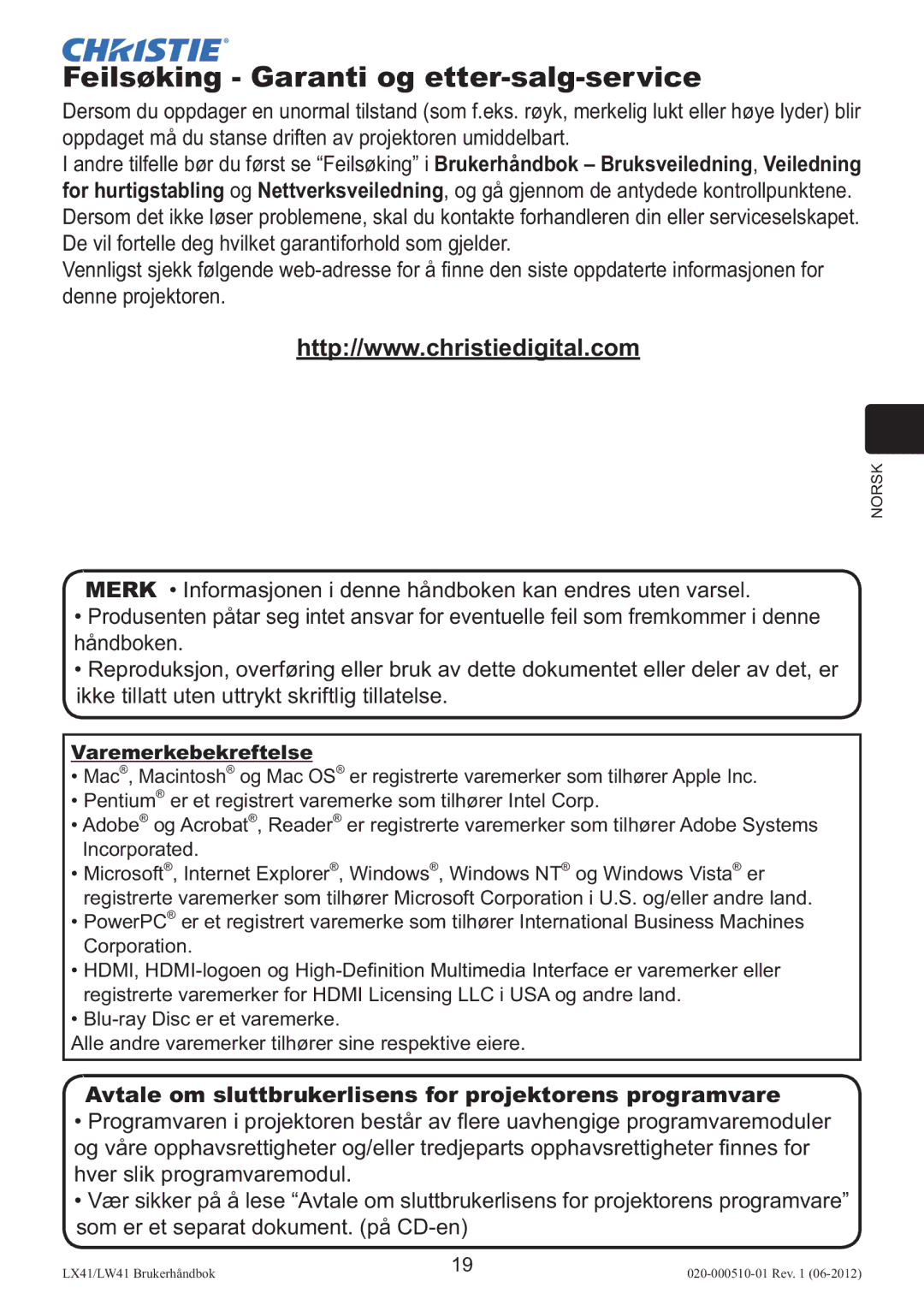 Christie Digital Systems LW41 setup guide Feilsøking Garanti og etter-salg-service 