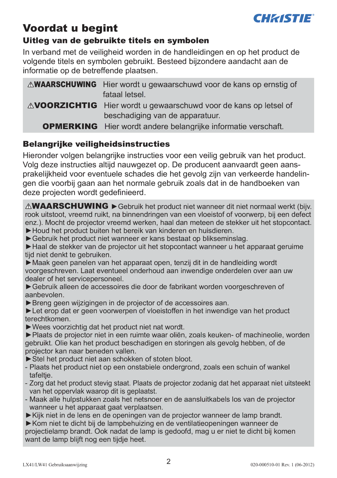 Christie Digital Systems LW41 setup guide Voordat u begint, Uitleg van de gebruikte titels en symbolen 