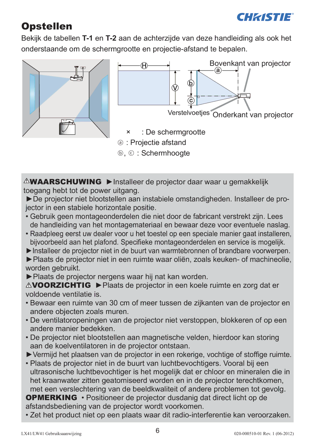 Christie Digital Systems LW41 setup guide Opstellen 