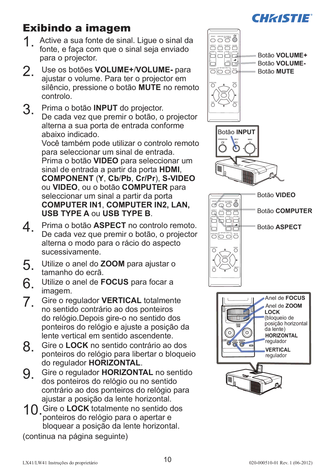 Christie Digital Systems LW41 setup guide Exibindo a imagem, Computer IN1, Computer IN2, LAN, USB Type a ou USB Type B 