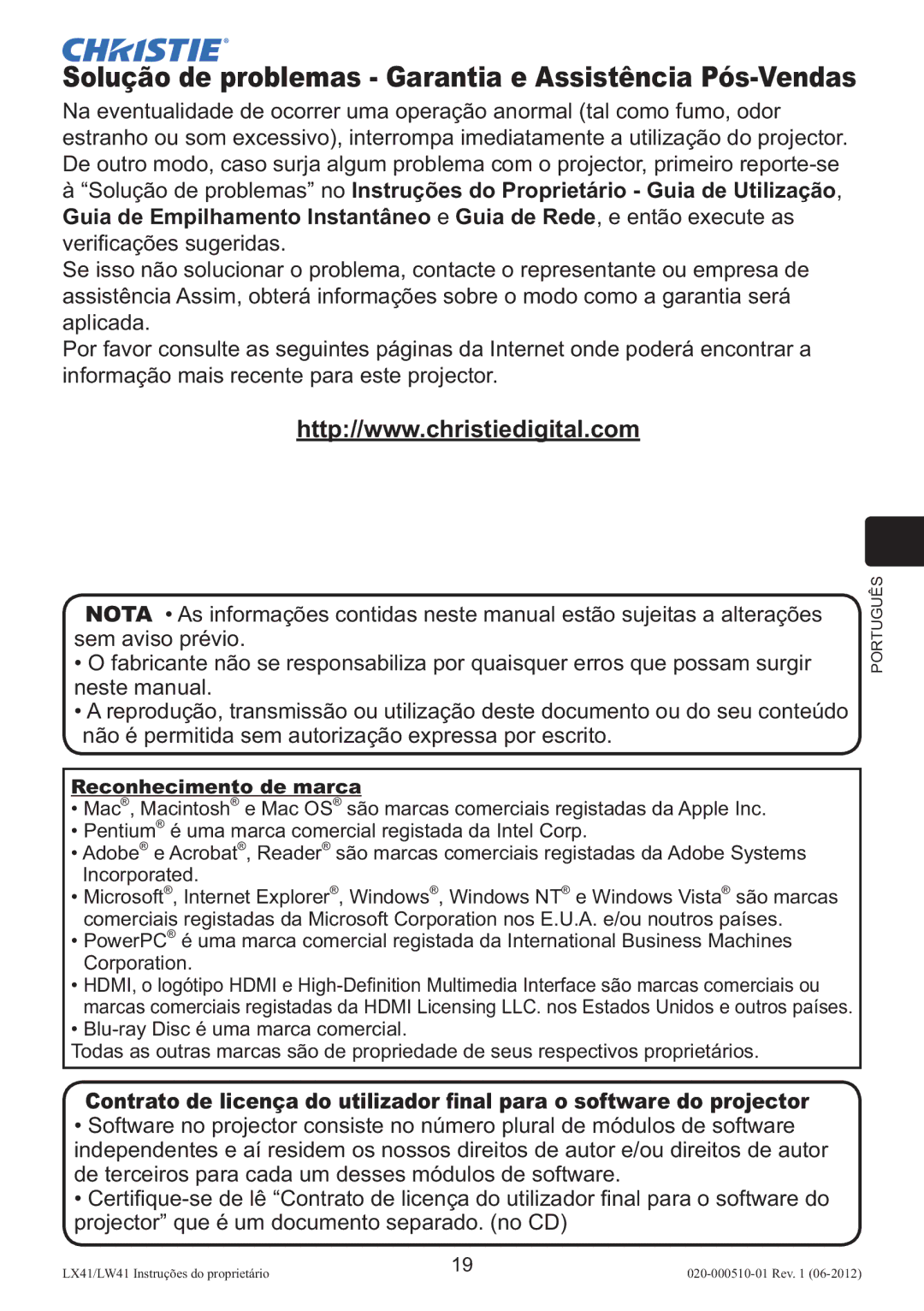 Christie Digital Systems LW41 setup guide Solução de problemas Garantia e Assistência Pós-Vendas 