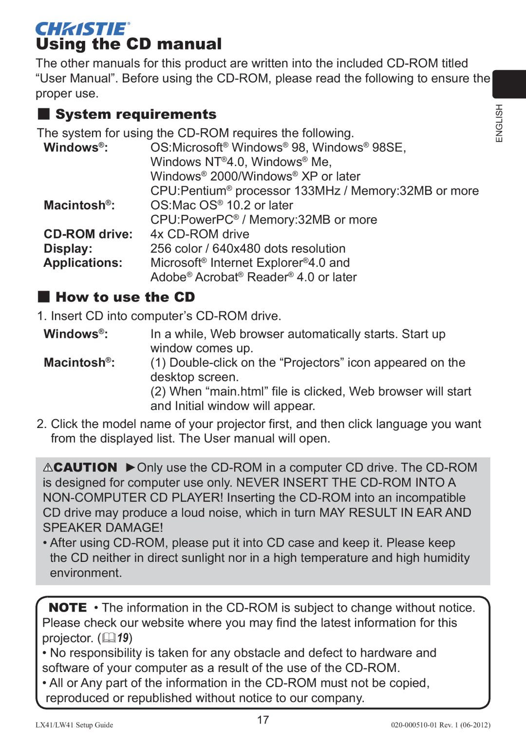 Christie Digital Systems LW41 setup guide Using the CD manual 