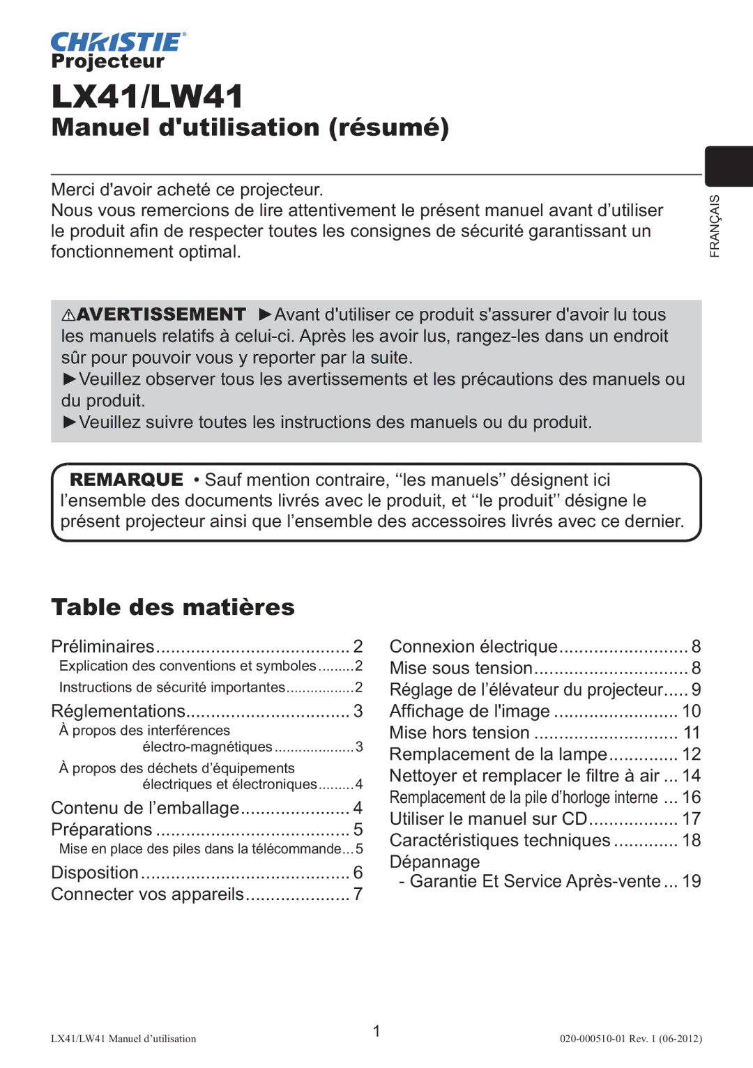 Christie Digital Systems LW41 setup guide Manuel dutilisation résumé, Table des matières 