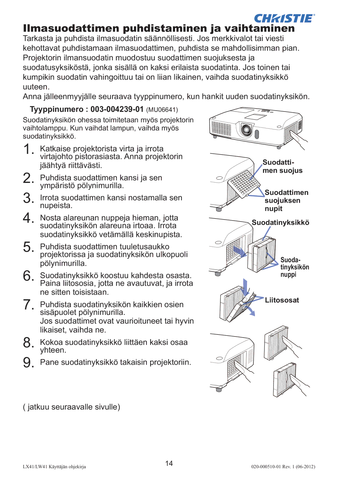 Christie Digital Systems LW41 setup guide Ilmasuodattimen puhdistaminen ja vaihtaminen, Tyyppinumero 003-004239-01 MU06641 