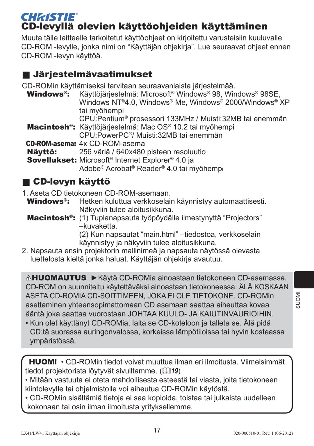 Christie Digital Systems LW41 setup guide CD-levyllä olevien käyttöohjeiden käyttäminen, Järjestelmävaatimukset 