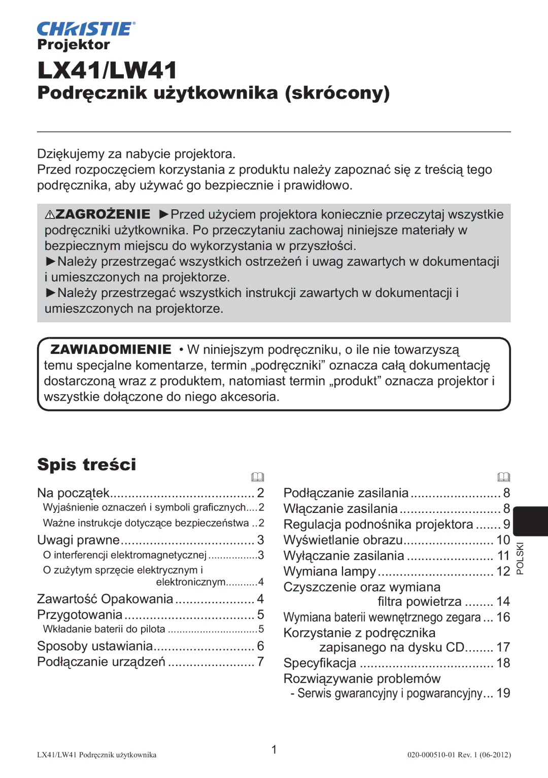 Christie Digital Systems LW41 setup guide Spis treści, Czyszczenie oraz wymiana ﬁltra powietrza, Rozwiązywanie problemów 