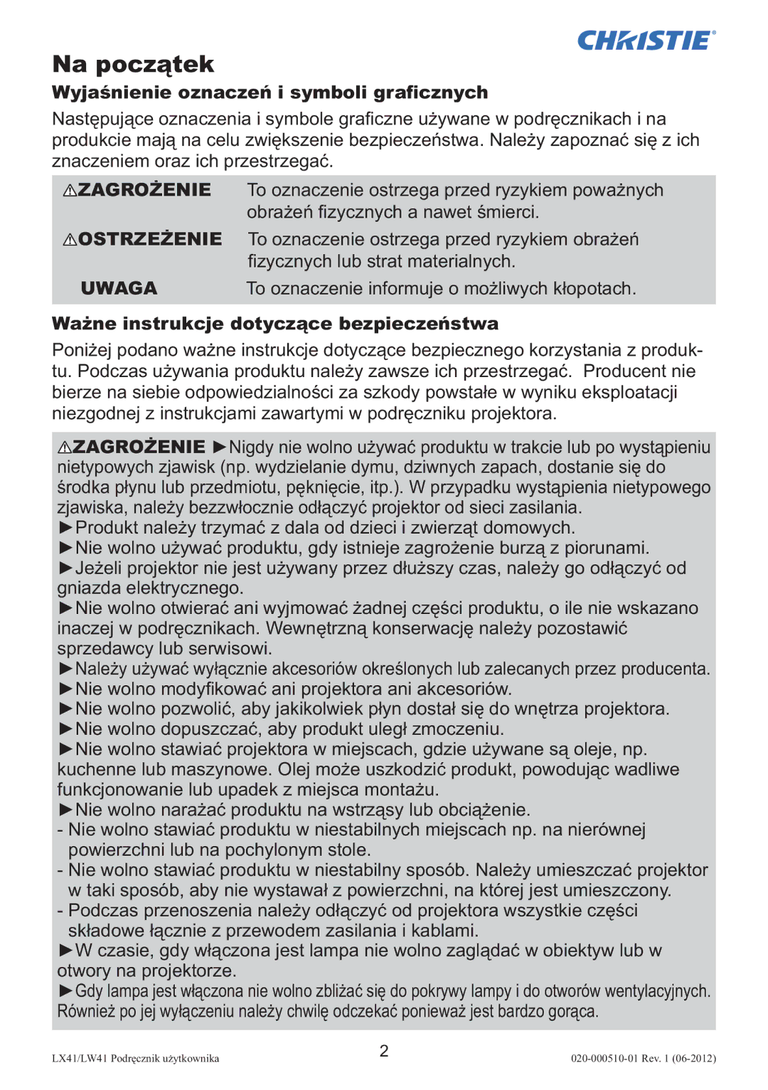 Christie Digital Systems LW41 setup guide Na początek, Wyjaśnienie oznaczeń i symboli graﬁcznych 