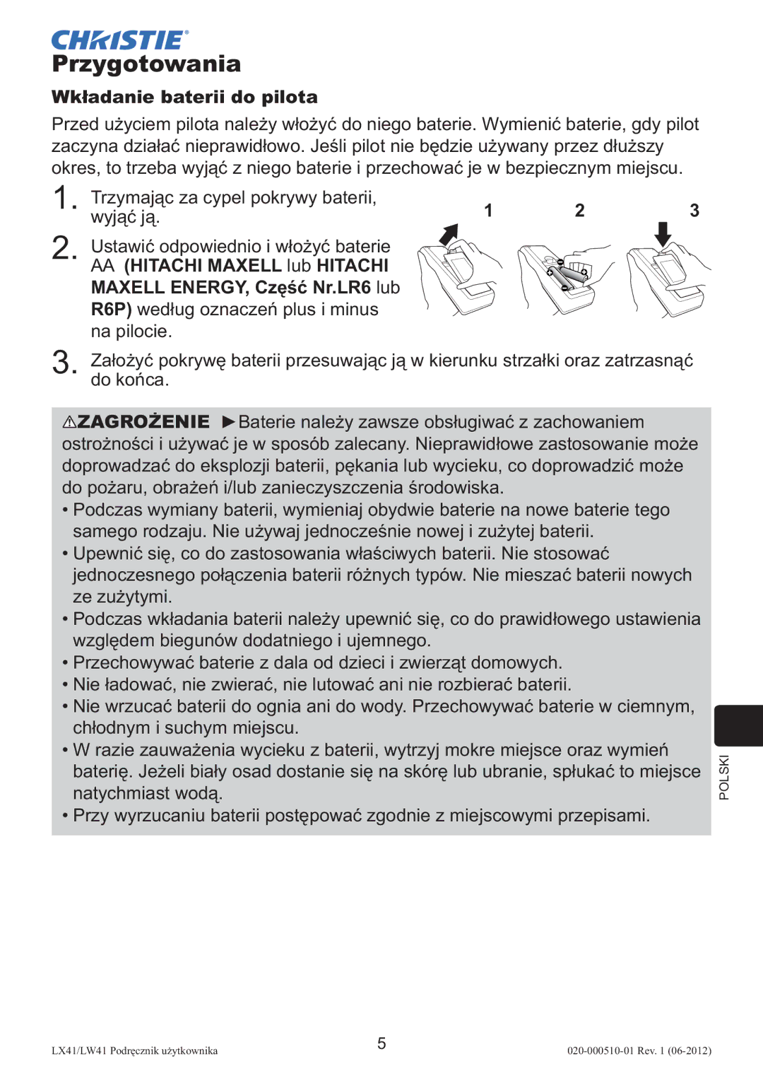 Christie Digital Systems LW41 setup guide Przygotowania, Wkładanie baterii do pilota 