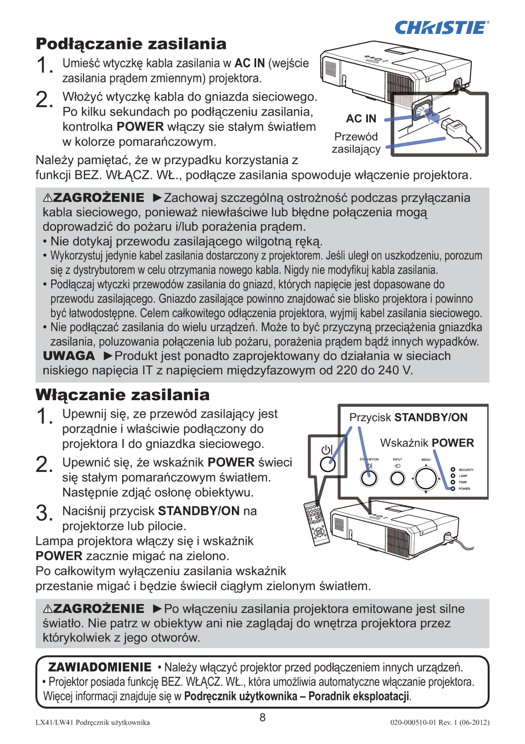 Christie Digital Systems LW41 setup guide Podłączanie zasilania, Włączanie zasilania 