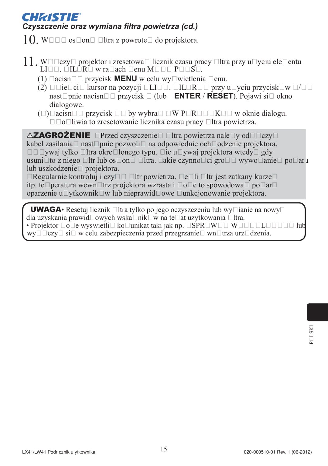 Christie Digital Systems LW41 setup guide Czyszczenie oraz wymiana ﬁltra powietrza cd 