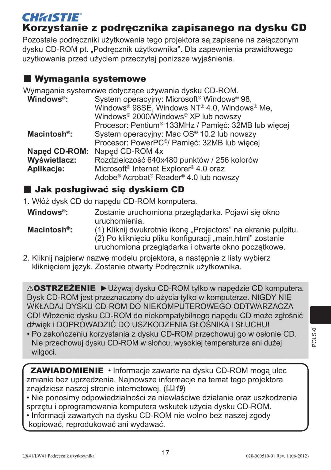 Christie Digital Systems LW41 setup guide Korzystanie z podręcznika zapisanego na dysku CD, Wymagania systemowe 