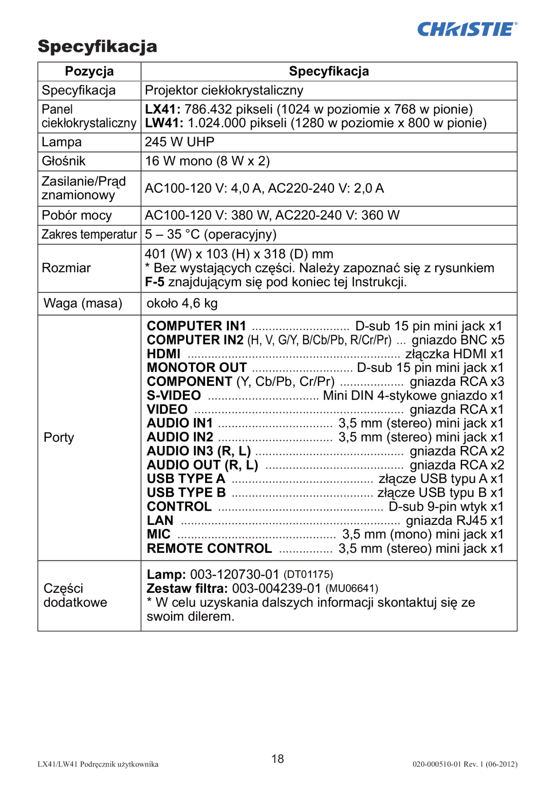 Christie Digital Systems LW41 setup guide Pozycja Specyﬁkacja 