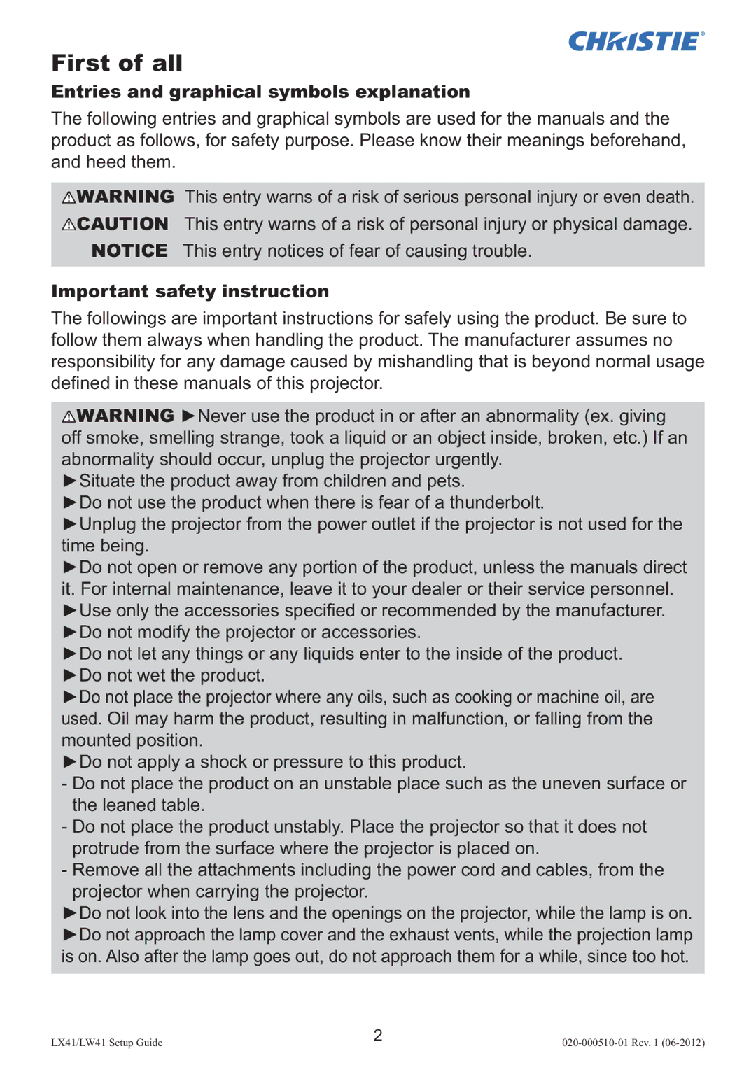 Christie Digital Systems LW41 First of all, Entries and graphical symbols explanation, Important safety instruction 