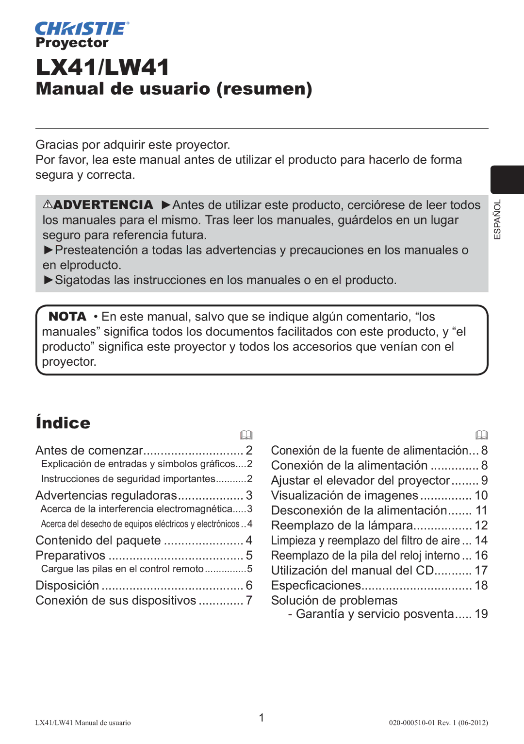 Christie Digital Systems LW41 setup guide Índice, Advertencias reguladoras 