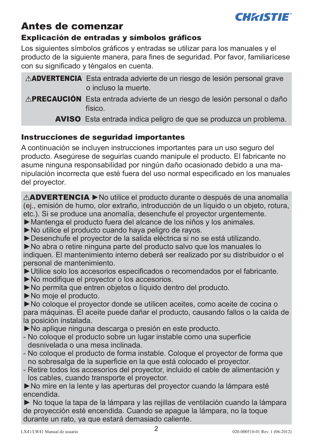 Christie Digital Systems LW41 setup guide Antes de comenzar, Explicación de entradas y símbolos gráﬁcos 